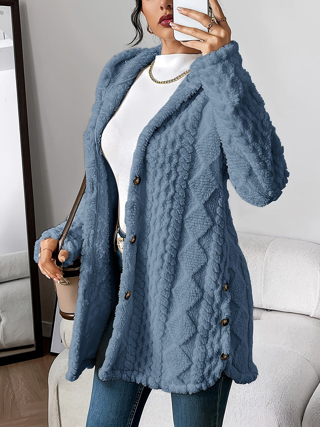 Women's Plush Hooded Button-Front Long Cardigan