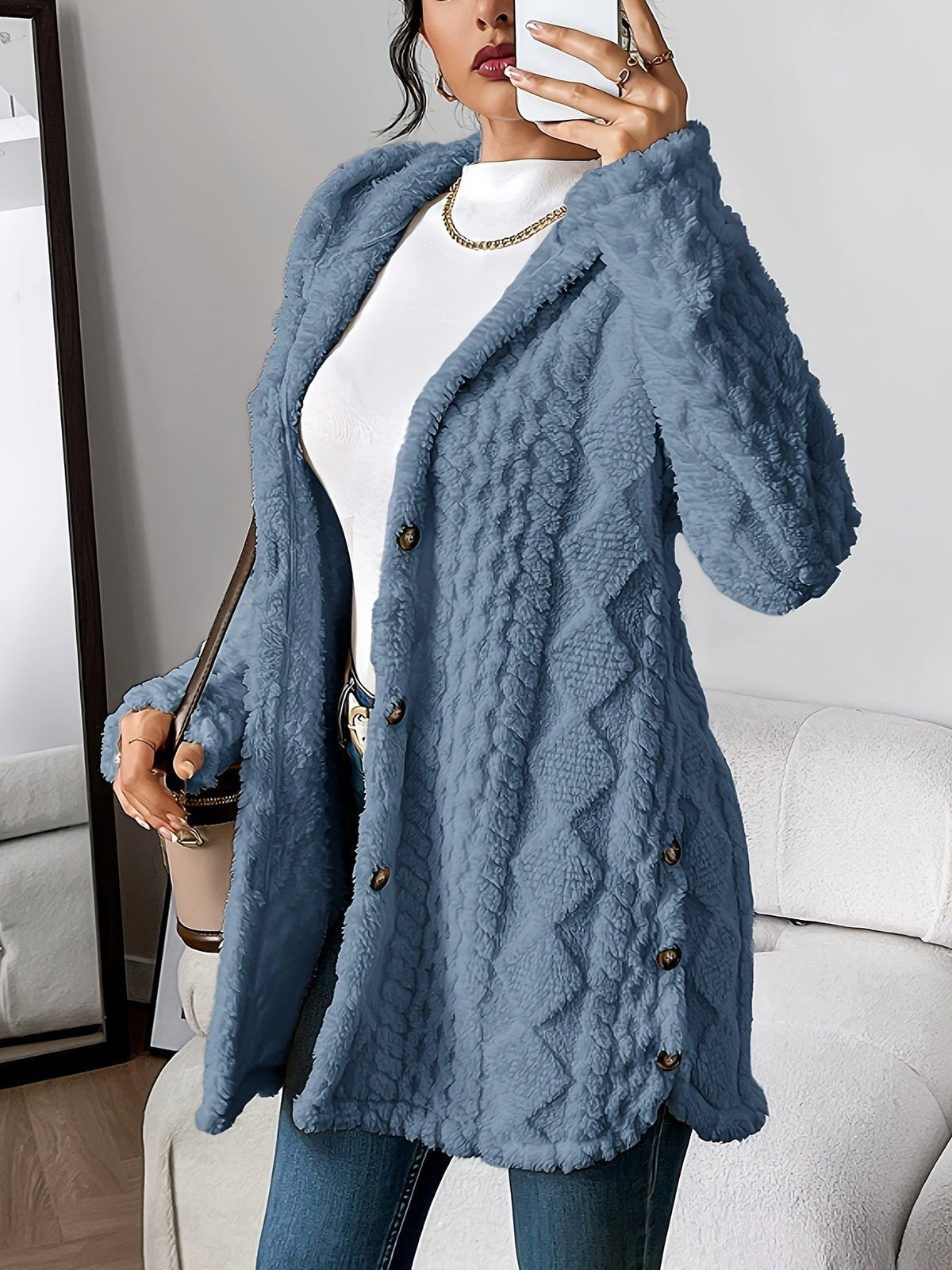 Women's Plush Hooded Button-Front Long Cardigan