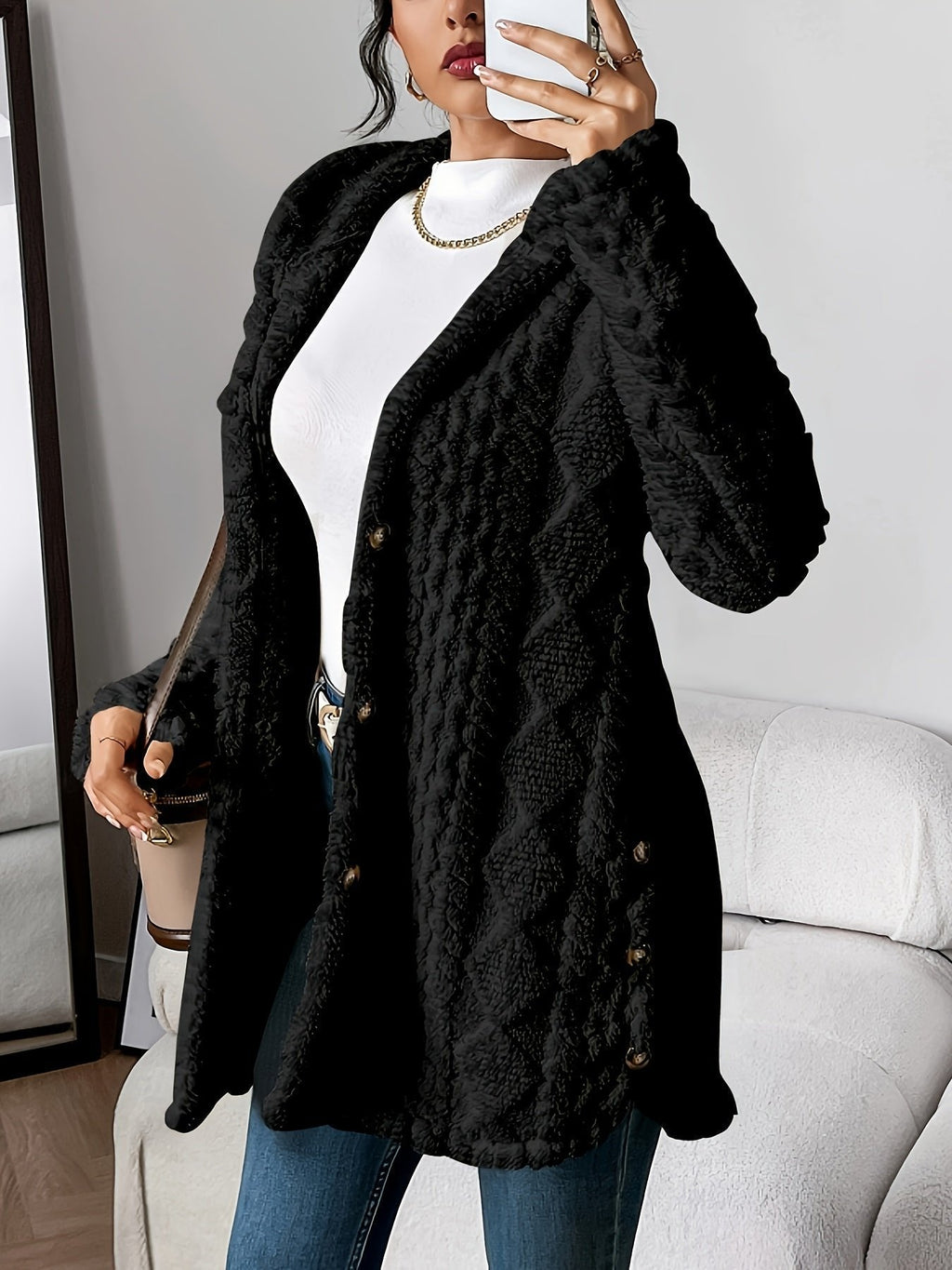 Women's Plush Hooded Button-Front Long Cardigan