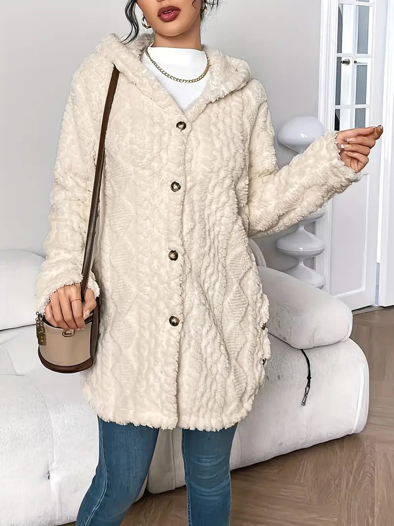 Women's Plush Hooded Button-Front Long Cardigan