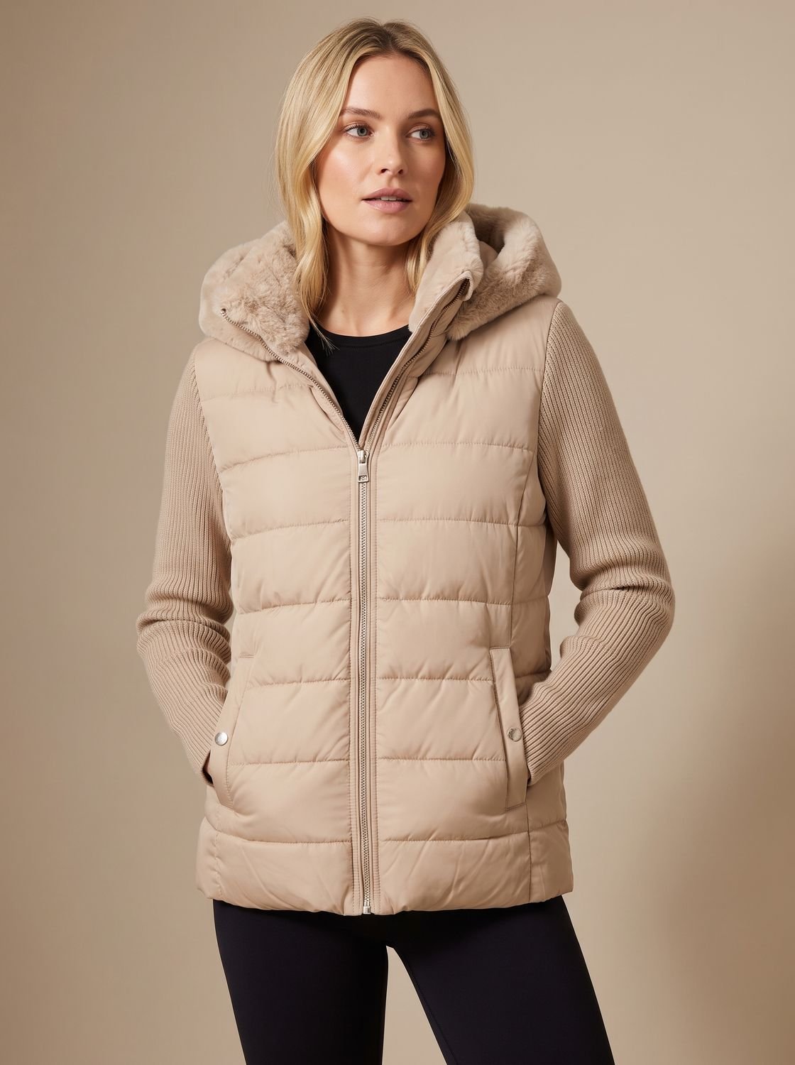 Women's Voluminous Short Puffer with Faux-Fur Hood and Knit Cuffs