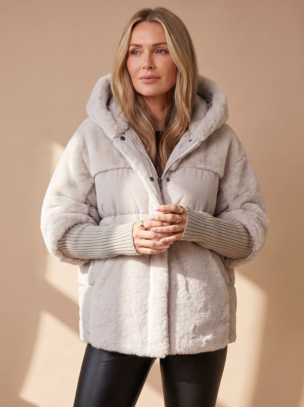 Women's Voluminous Short Puffer with Faux-Fur Hood and Knit Cuffs