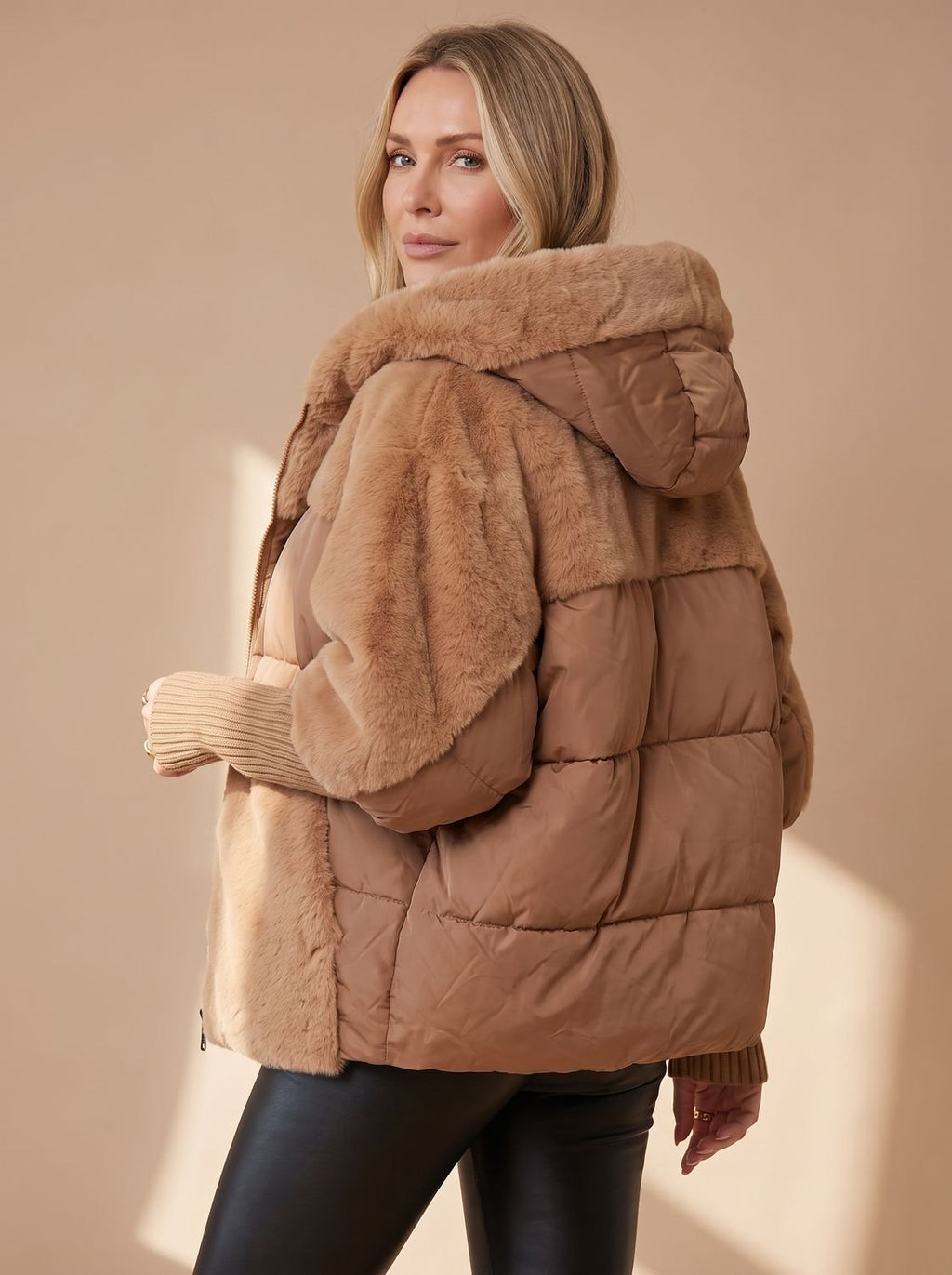 Women's Voluminous Short Puffer with Faux-Fur Hood and Knit Cuffs