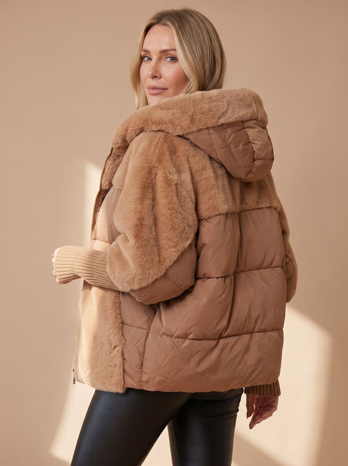 Women's Voluminous Short Puffer with Faux-Fur Hood and Knit Cuffs