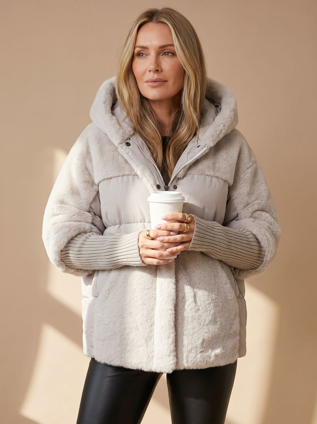 Women's Voluminous Short Puffer with Faux-Fur Hood and Knit Cuffs