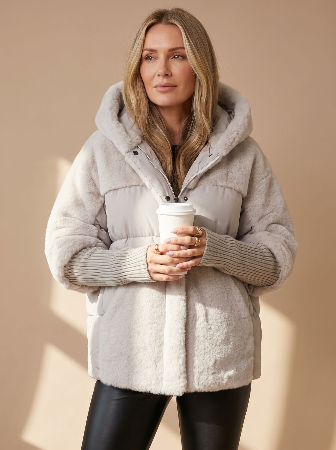 Women's Voluminous Short Puffer with Faux-Fur Hood and Knit Cuffs