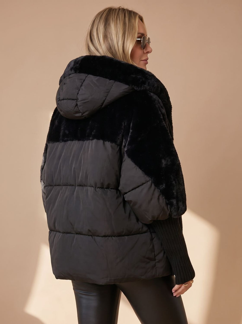 Women's Voluminous Short Puffer with Faux-Fur Hood and Knit Cuffs