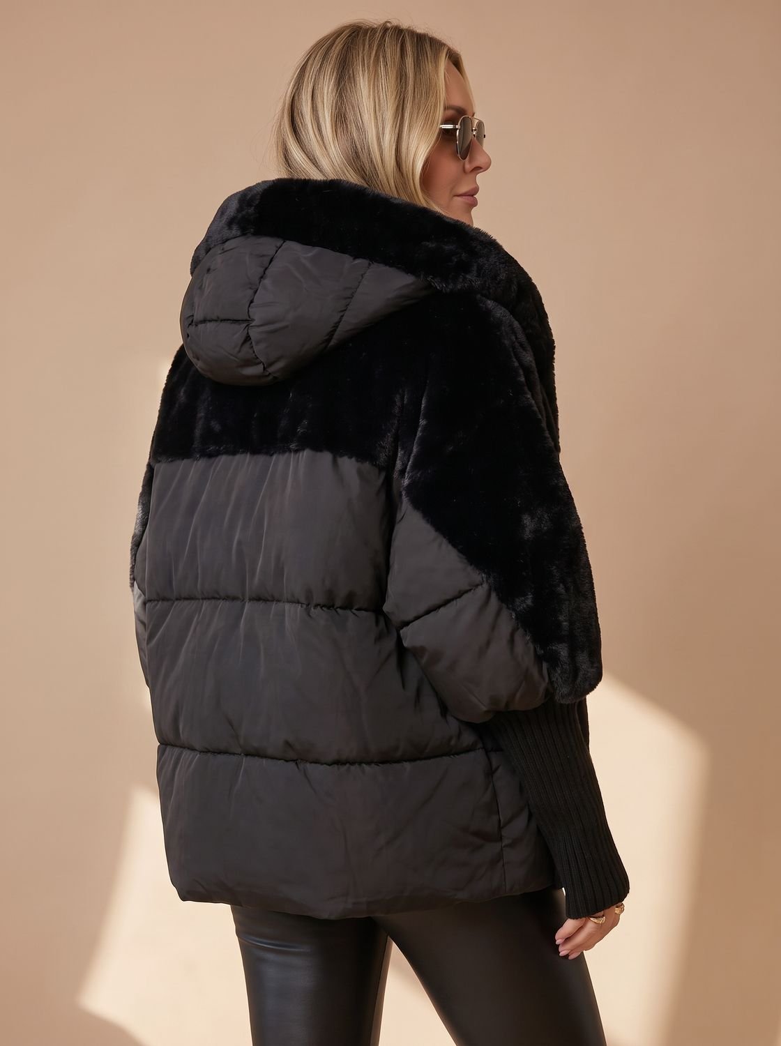 Women's Voluminous Short Puffer with Faux-Fur Hood and Knit Cuffs