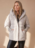 Women's Voluminous Short Puffer with Faux-Fur Hood and Knit Cuffs - Gray