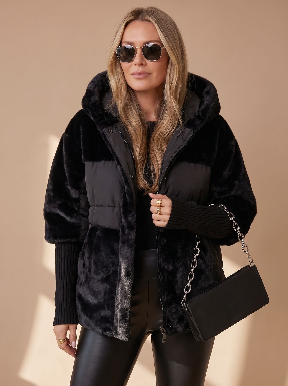 Women's Voluminous Short Puffer with Faux-Fur Hood and Knit Cuffs - Black