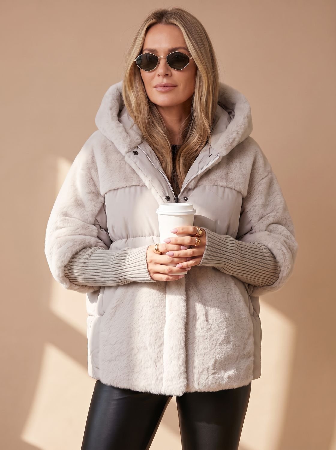 Women's Voluminous Short Puffer with Faux-Fur Hood and Knit Cuffs - Beige