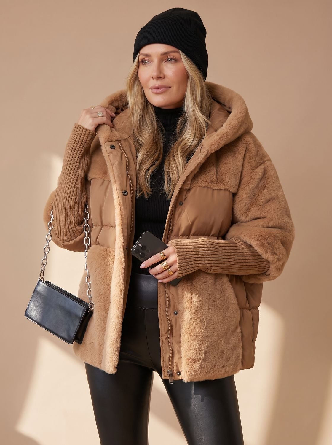 Women's Voluminous Short Puffer with Faux-Fur Hood and Knit Cuffs - Brown