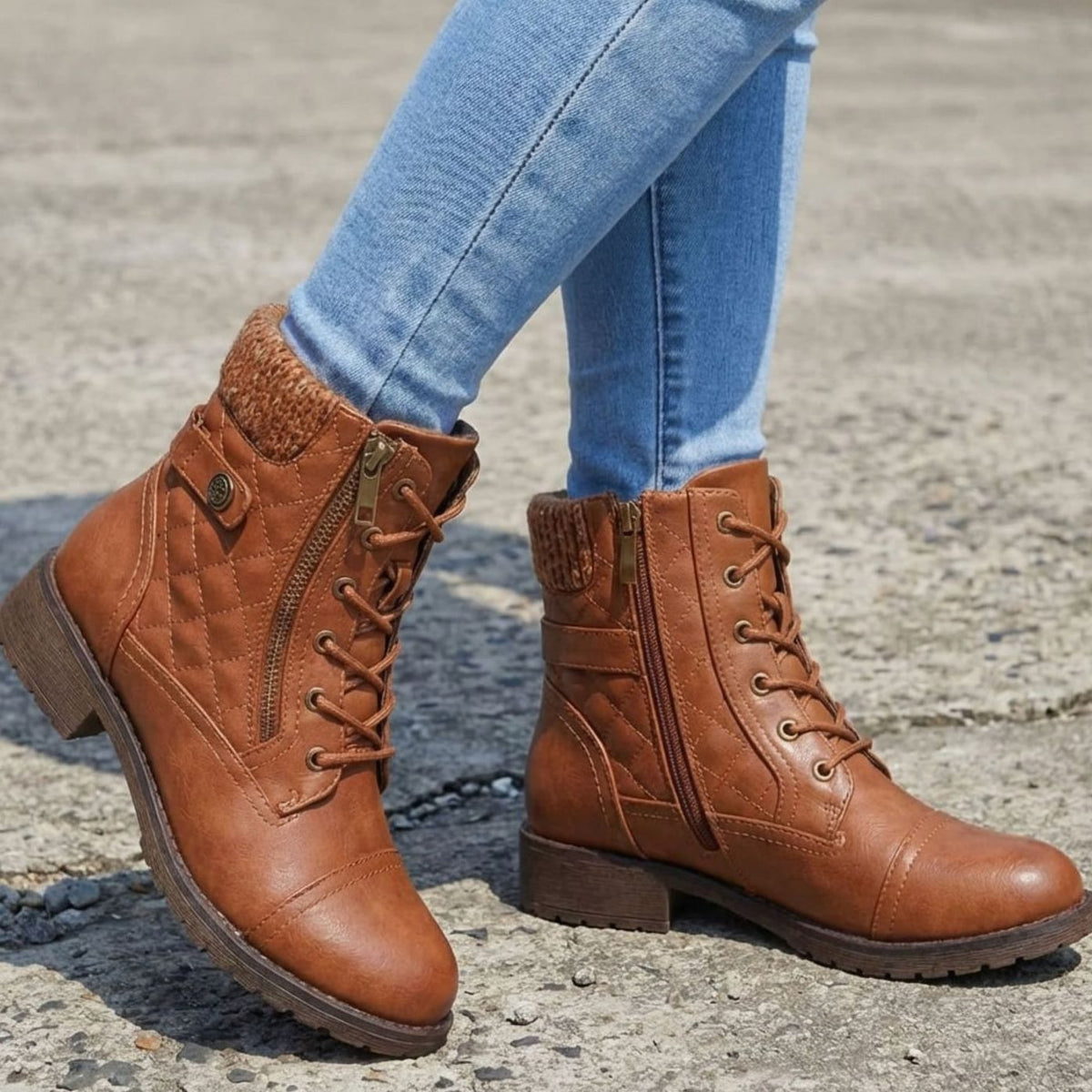 Women's Cushioned Quilted Booties with Zip and Laces - Brown