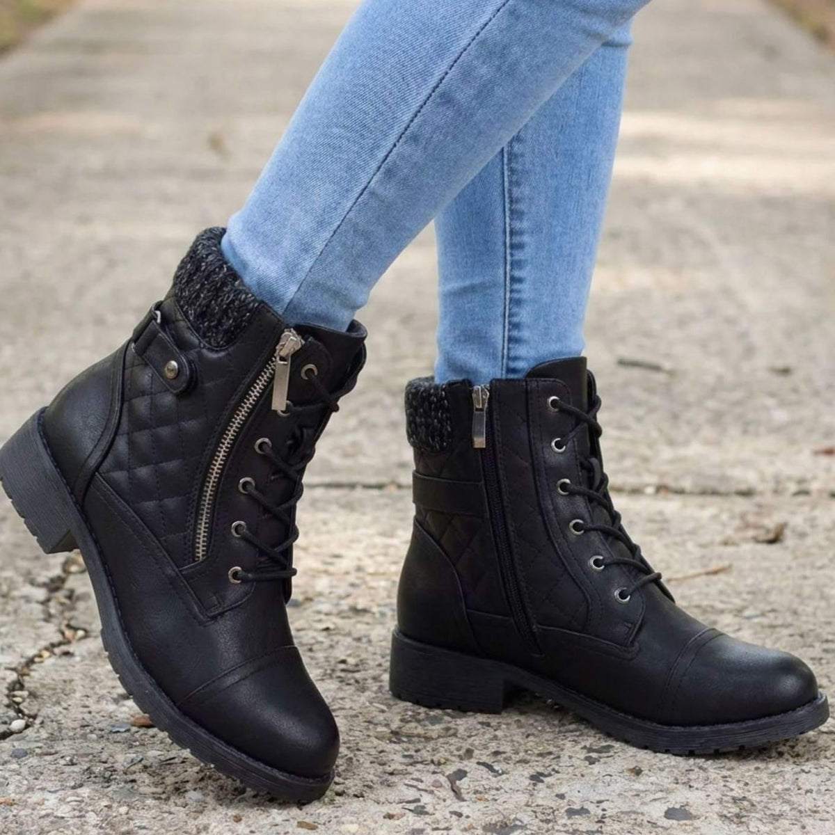 Women's Cushioned Quilted Booties with Zip and Laces - Black