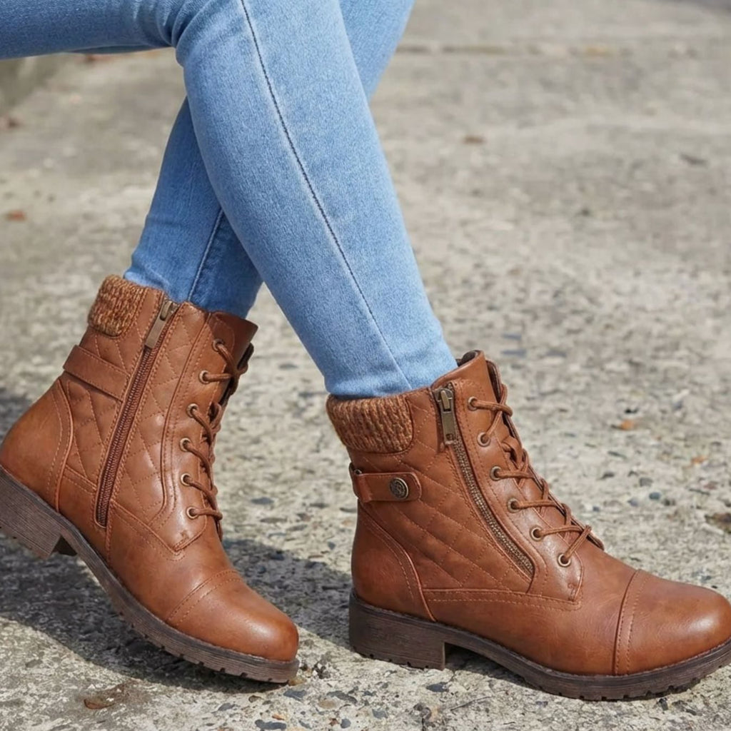 Women's Cushioned Quilted Booties with Zip and Laces
