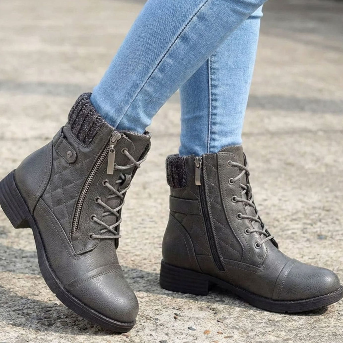 Women's Cushioned Quilted Booties with Zip and Laces - Gray