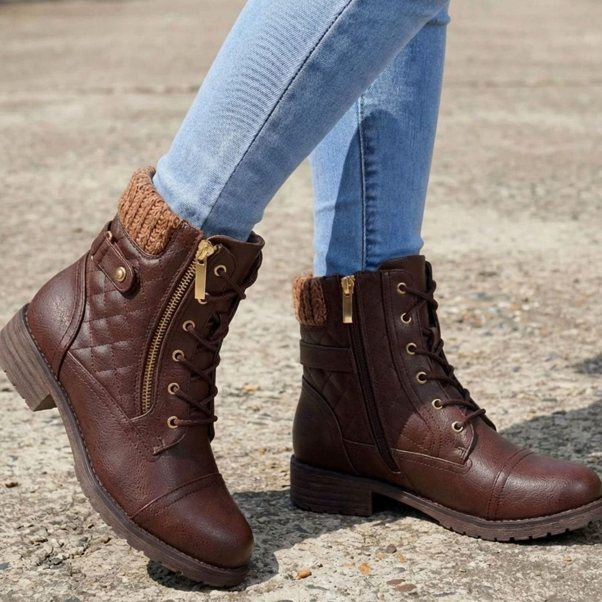 Women's Cushioned Quilted Booties with Zip and Laces - Dark Brown