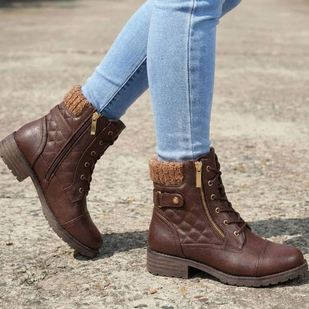 Women's Cushioned Quilted Booties with Zip and Laces