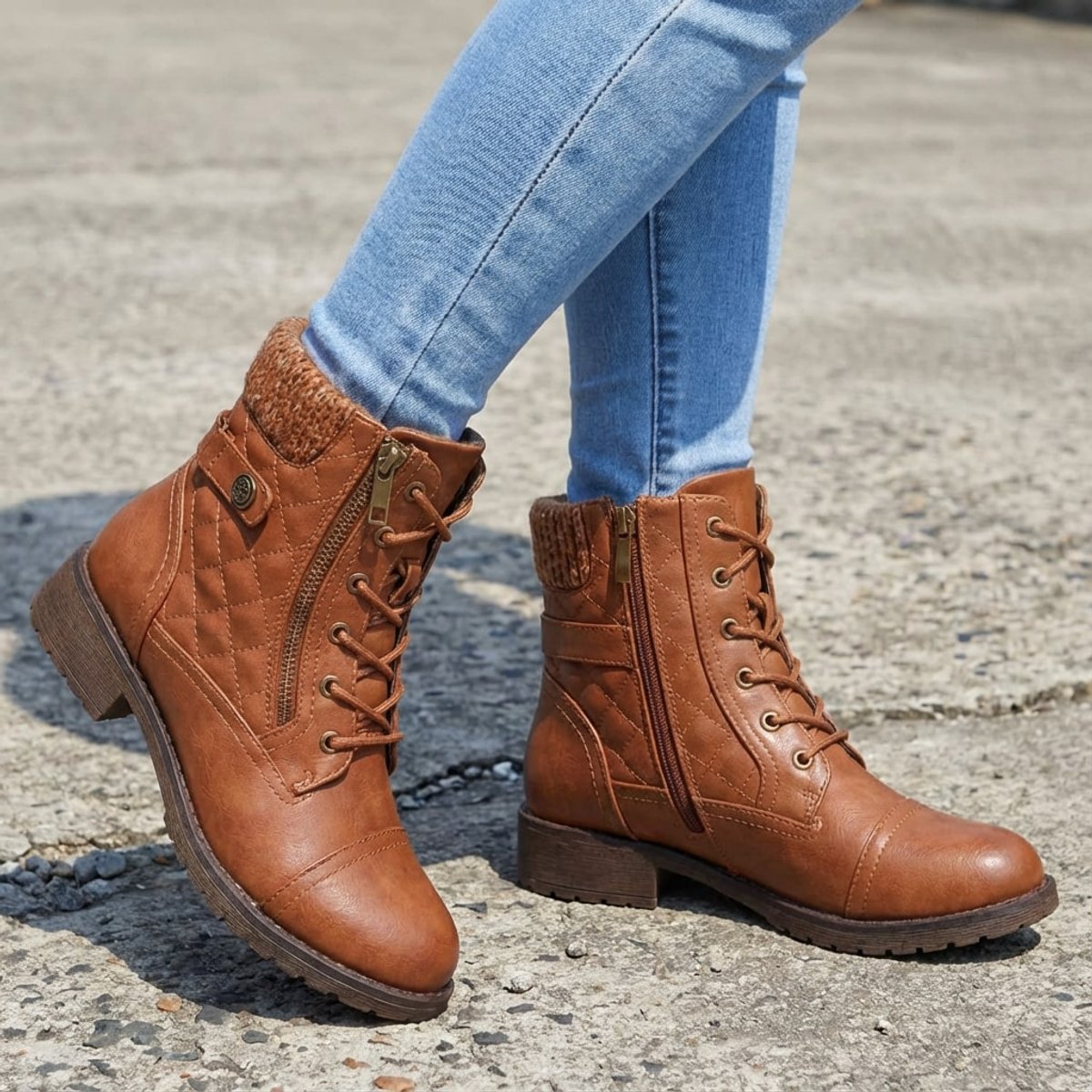 Women's Quilted Faux Leather Lace-Up Side Zip Ankle Boots