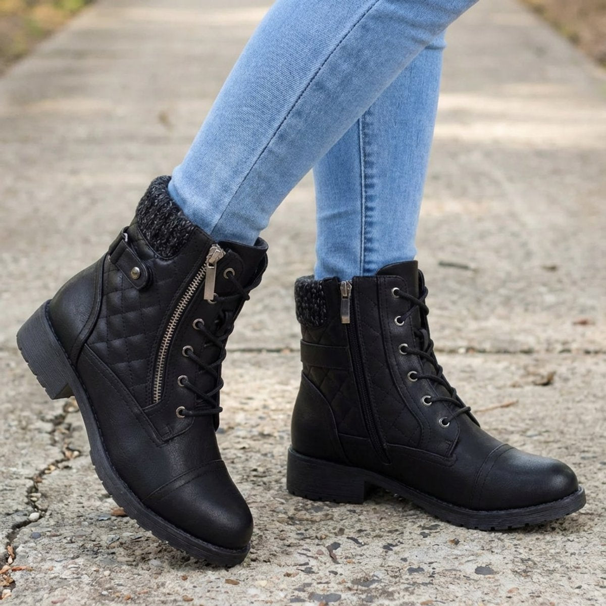 Women's Quilted Faux Leather Lace-Up Side Zip Ankle Boots