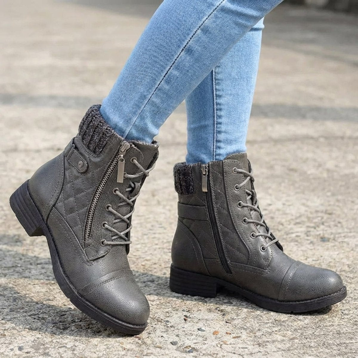 Women's Quilted Faux Leather Lace-Up Side Zip Ankle Boots