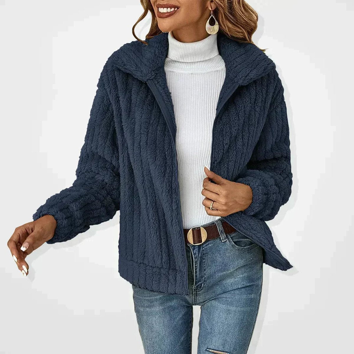 Women's Quilted Jacket Fluffy Zip-Up Plush Fleece Coat