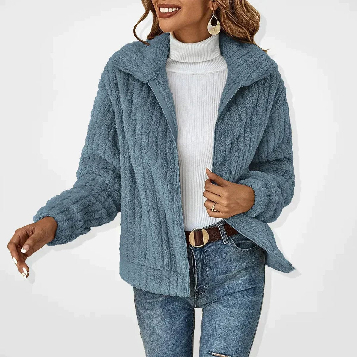 Women's Quilted Jacket Fluffy Zip-Up Plush Fleece Coat