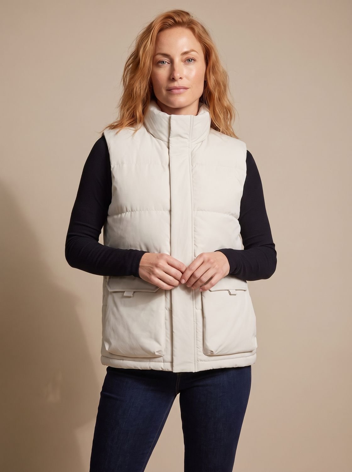 Women's Mock Neck Padded Vest with Flap Pockets