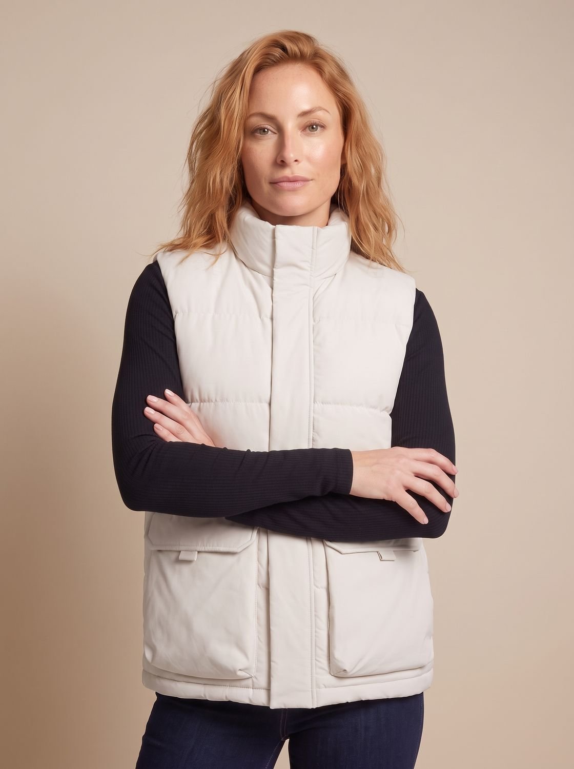 Women's Mock Neck Padded Vest with Flap Pockets