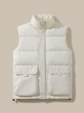 Women's Mock Neck Padded Vest with Flap Pockets - Cream White