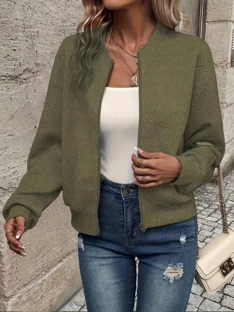 Women's Quilted Zip-Up Bomber Jacket Textured Cropped