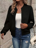 Women's Quilted Zip-Up Bomber Jacket Textured Cropped