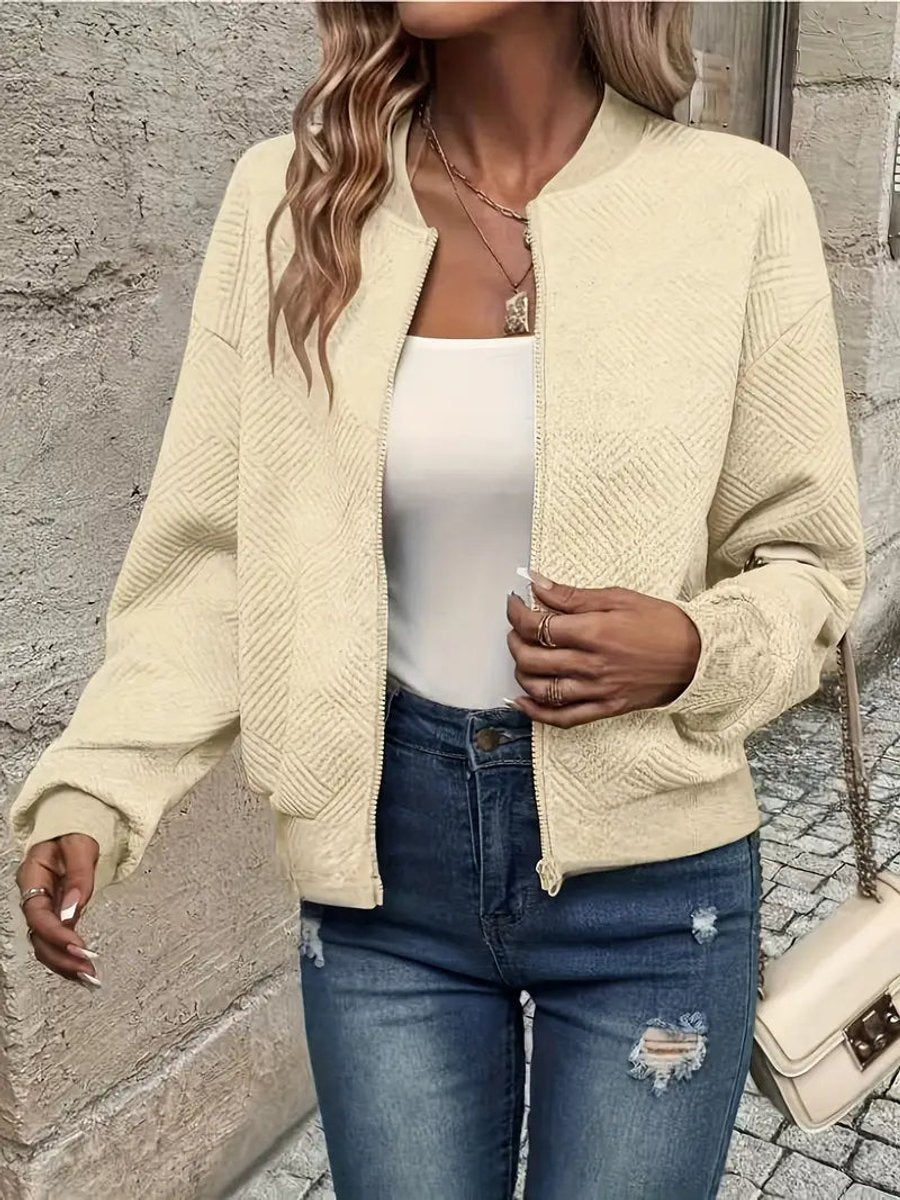 Women's Quilted Zip-Up Bomber Jacket Textured Cropped