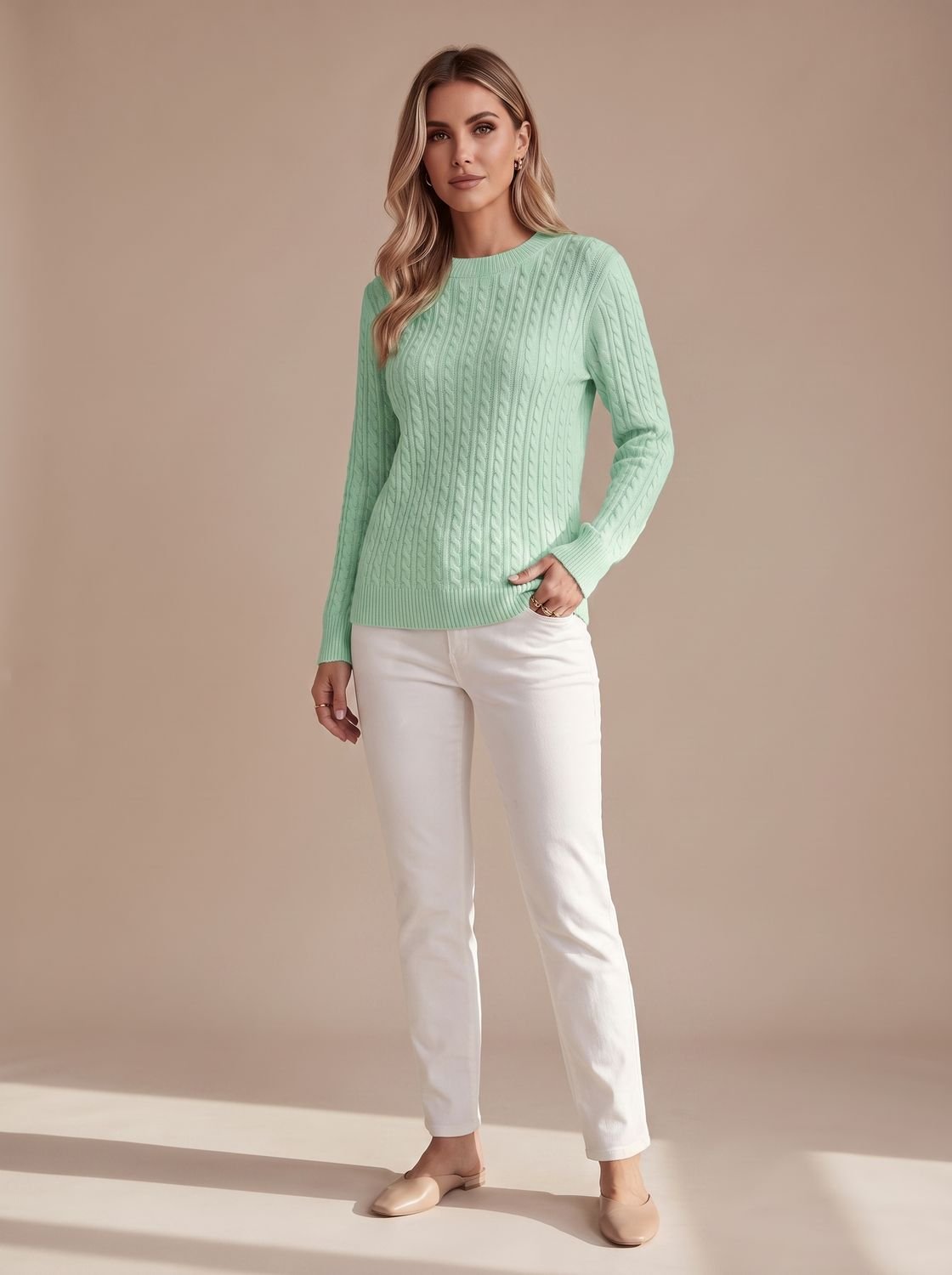 Women's Relaxed Cable Knit Crew Neck Sweater