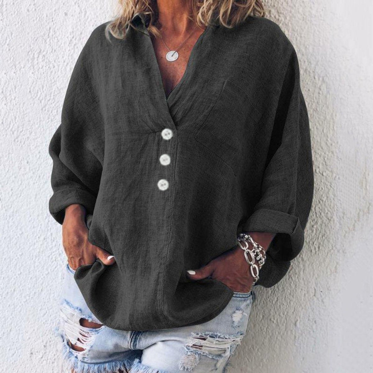 Women's Relaxed-Fit Cotton Linen Button-Up Pullover Sweater