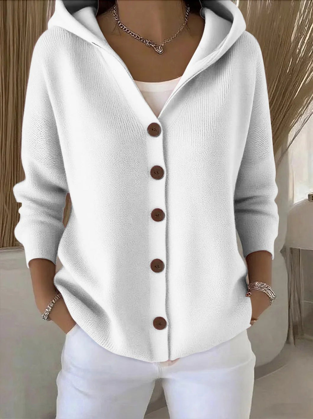 Women's Relaxed-Fit Hooded Button-Front Knit Cardigan