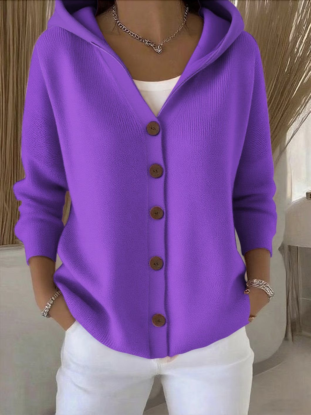 Women's Relaxed-Fit Hooded Button-Front Knit Cardigan