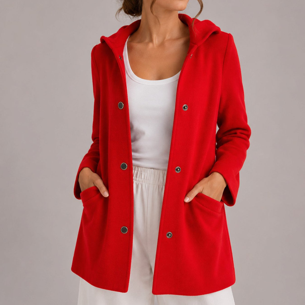 Women's Deep Pocket Hooded Knit Cardigan with Snap Buttons - Red