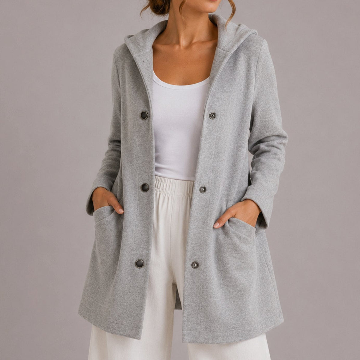 Women's Deep Pocket Hooded Knit Cardigan with Snap Buttons - Gray