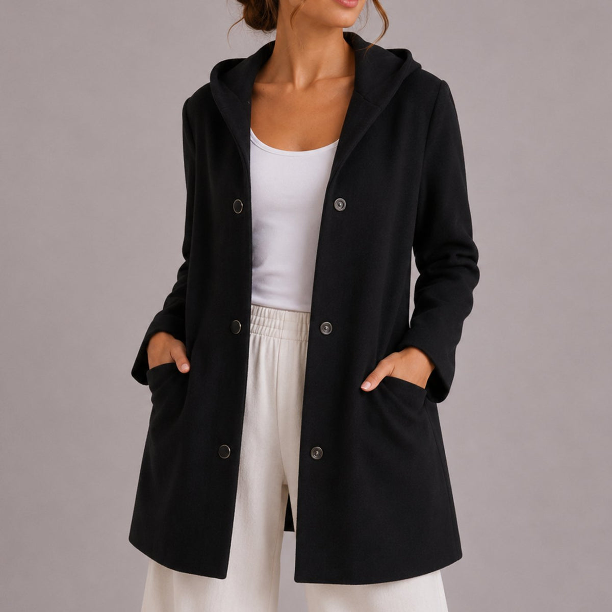 Women's Deep Pocket Hooded Knit Cardigan with Snap Buttons - Black