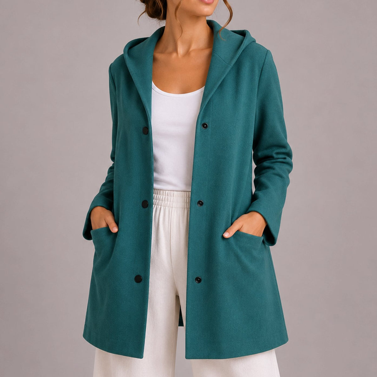 Women's Deep Pocket Hooded Knit Cardigan with Snap Buttons - Turquoise