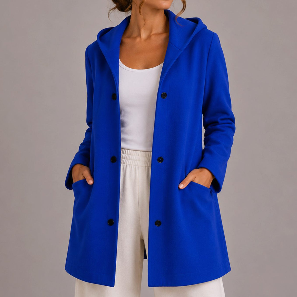 Women's Deep Pocket Hooded Knit Cardigan with Snap Buttons - Blue