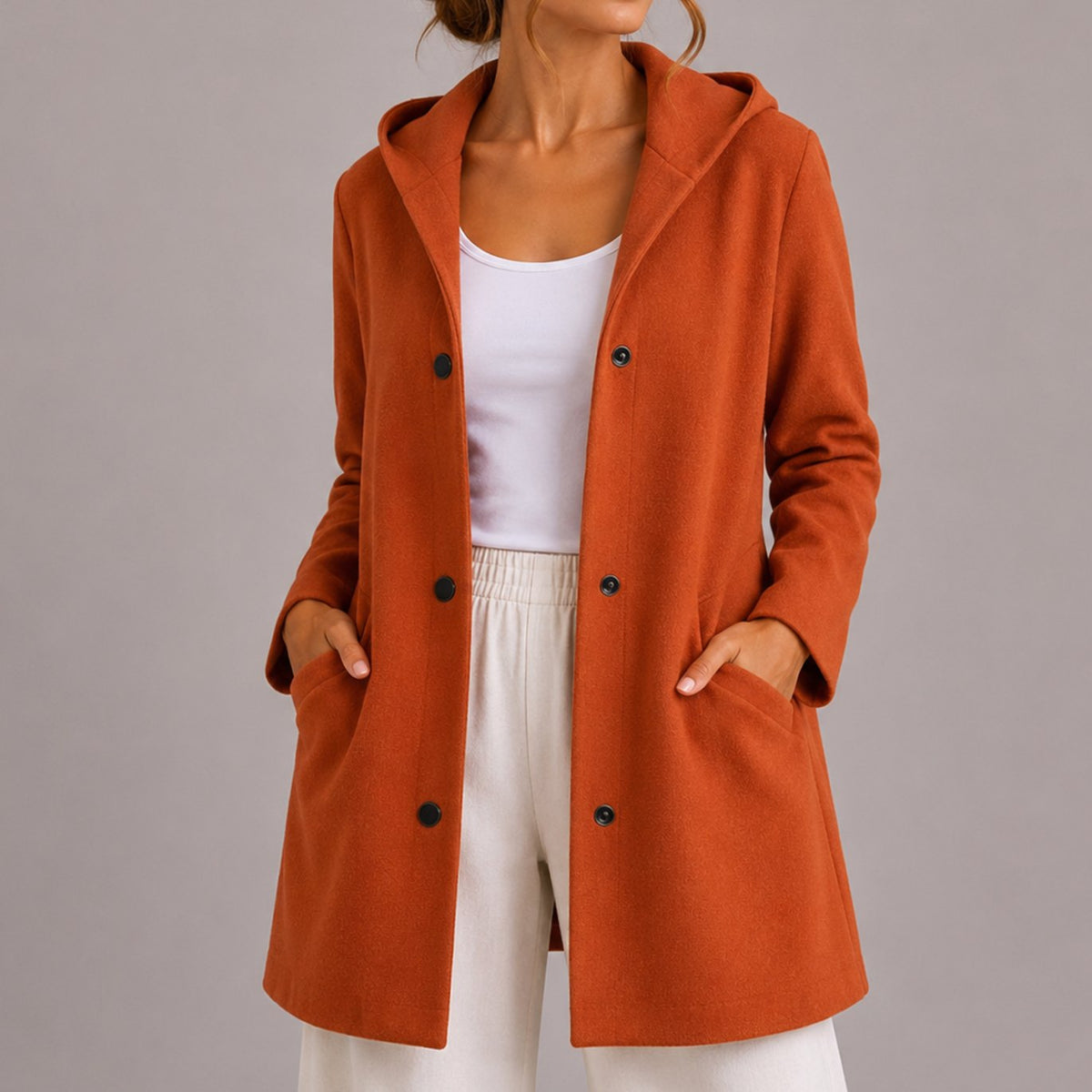 Women's Deep Pocket Hooded Knit Cardigan with Snap Buttons - Orange