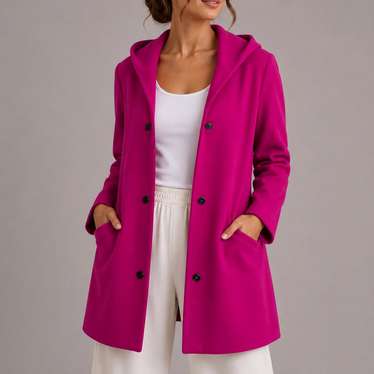 Women's Deep Pocket Hooded Knit Cardigan with Snap Buttons - Pink