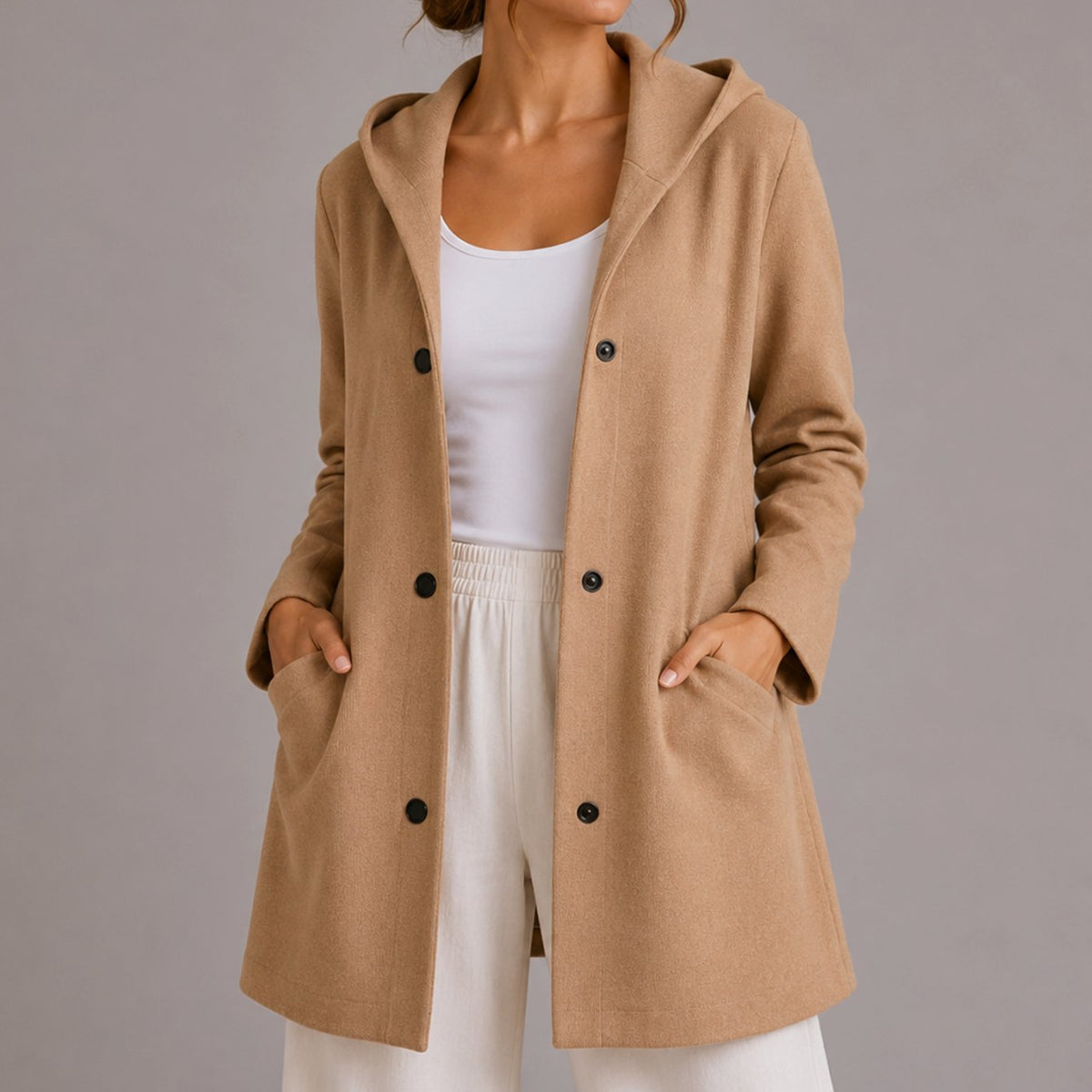 Women's Deep Pocket Hooded Knit Cardigan with Snap Buttons - Beige