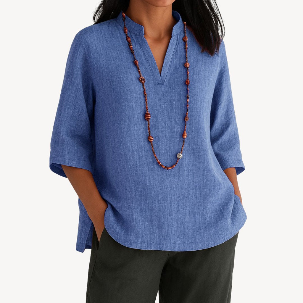 Women's Relaxed-Fit Linen 3/4 Sleeve V-Neck Tunic Blouse