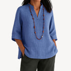 Women's Relaxed-Fit Linen 3/4 Sleeve V-Neck Tunic Blouse