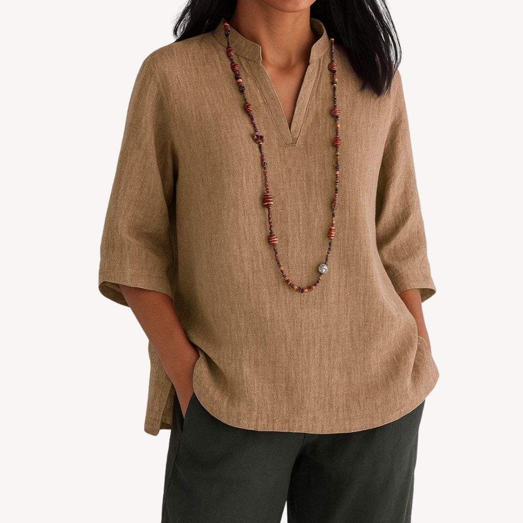Women's Relaxed-Fit Linen 3/4 Sleeve V-Neck Tunic Blouse