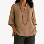 Women's Relaxed-Fit Linen 3/4 Sleeve V-Neck Tunic Blouse