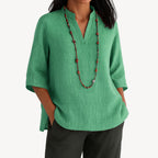 Women's Relaxed-Fit Linen 3/4 Sleeve V-Neck Tunic Blouse